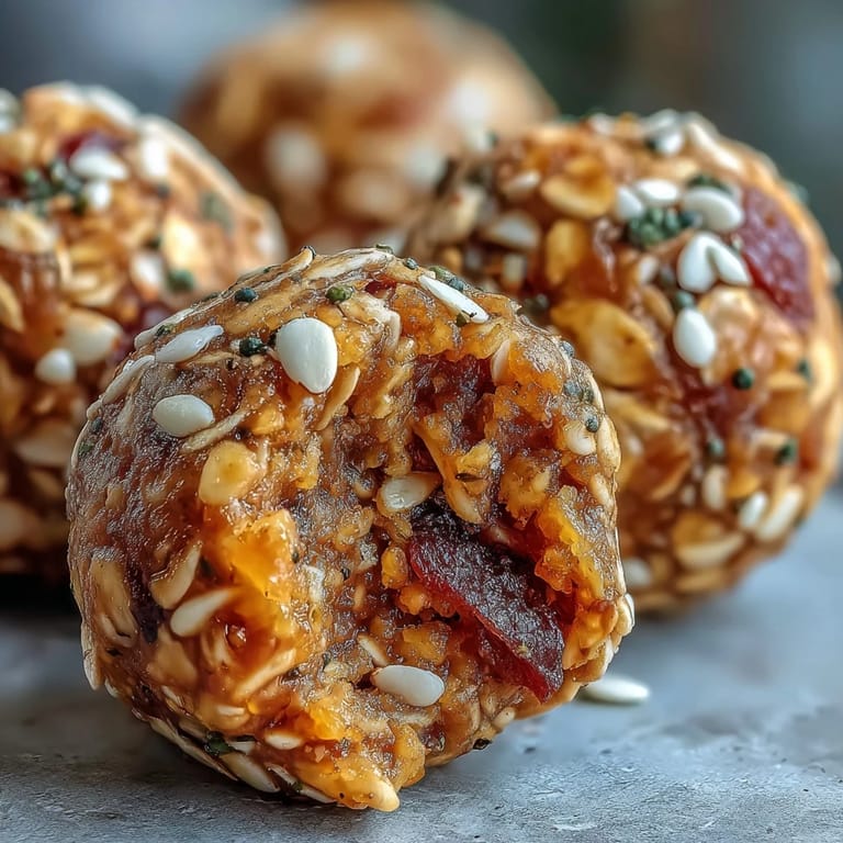 Hand holding a single Ginger Turmeric Energy Ball above a plate, showcasing a soft, chewy texture perfect for an energizing vegan snack paired with a cup of herbal tea.