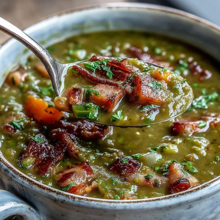 A comforting bowl of Split Pea and Ham Soup, garnished with fresh thyme, served beside golden, crusty bread for dipping.