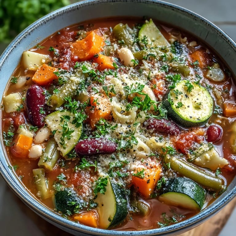 Overhead view of vibrant Minestrone Soup in a rustic pot, showing colorful vegetables, beans, and pasta in rich broth.