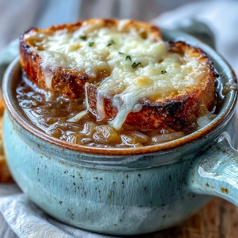 Steaming bowl of homemade Dutch Oven French Onion Soup featuring a cheesy, toasted baguette slice and fresh thyme garnish.