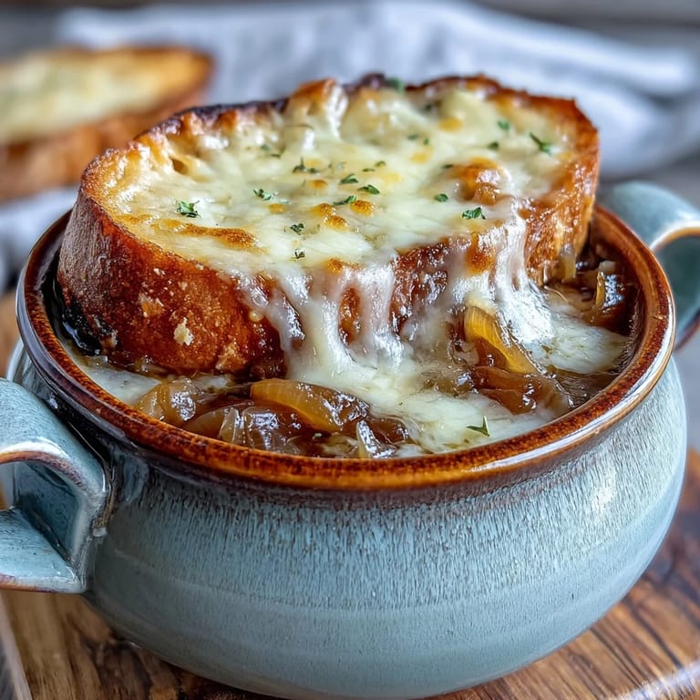 Rich and savory Dutch Oven French Onion Soup ladled into an oven-safe bowl, ready for the cheesy broil to perfection.