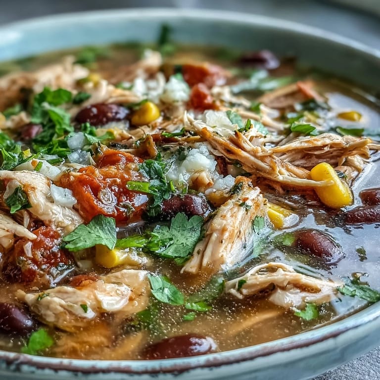 Colorful Southwestern Turkey Soup in a rustic bowl, showcasing tender turkey, black beans, sweet corn, and diced tomatoes.