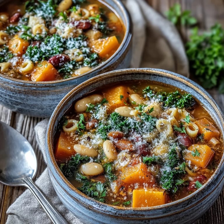 A hearty spoonful of Winter Minestrone Soup showcasing tender beans, diced carrots, and vibrant green kale in a rustic setting.