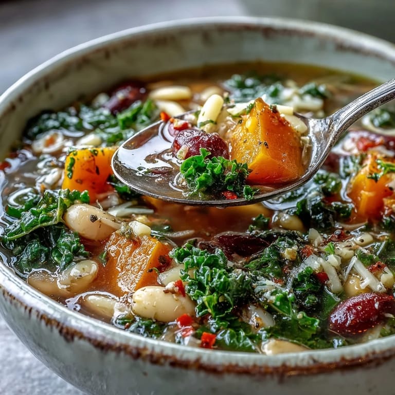 A ladle pours Winter Minestrone Soup into a rustic bowl, highlighting beans and pasta.