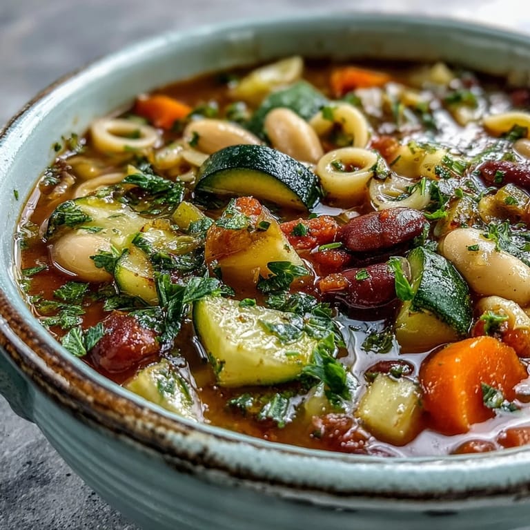 Close-up of a steaming bowl of Minestrone Soup, featuring vibrant vegetables, beans, and small pasta in a clear broth.
