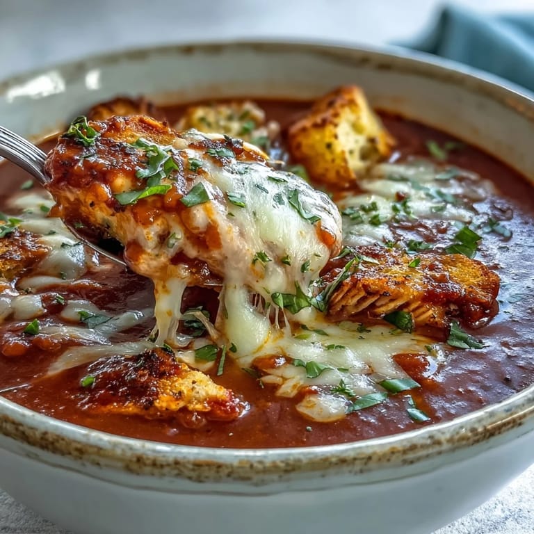 Italian-inspired Grilled Chicken Parmesan Soup served in rustic bowls, finished with Parmesan and mozzarella.