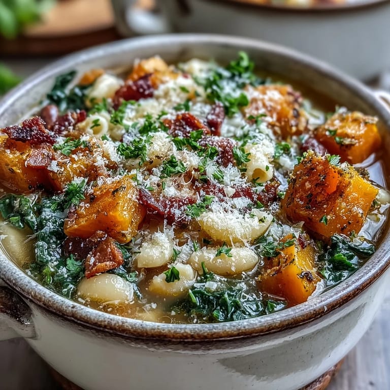 A hearty bowl of Fall Minestrone featuring butternut squash, kale, and white beans, served with crusty artisan bread.