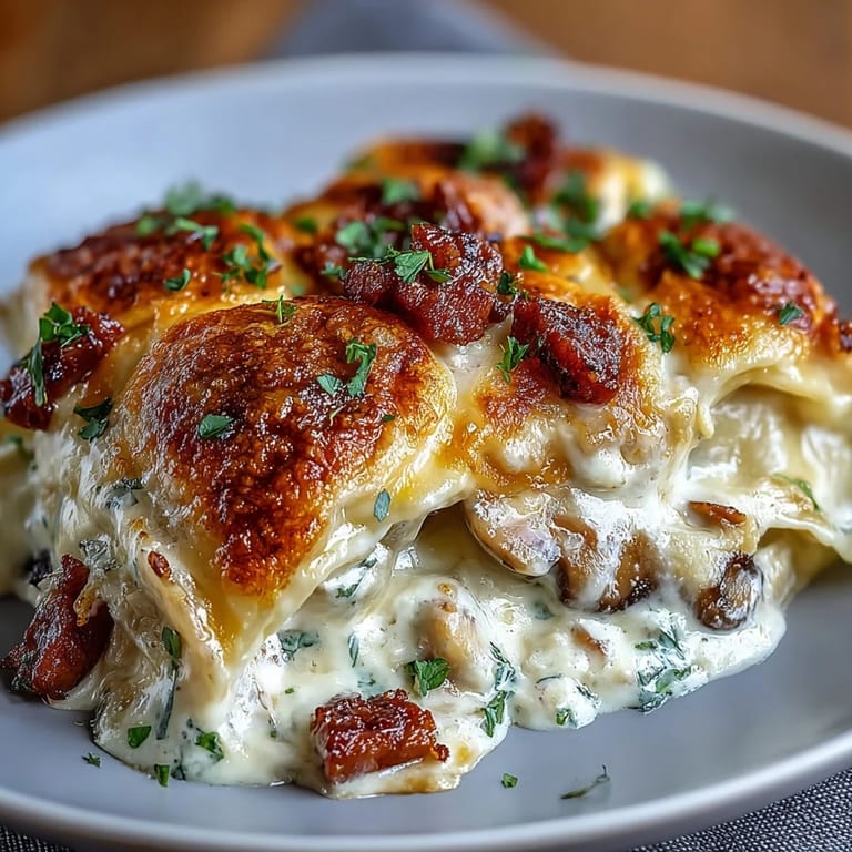 A hearty serving of Crockpot Pierogi Casserole with Kielbasa features creamy sour cream sauce and golden kielbasa rounds, ready to eat.