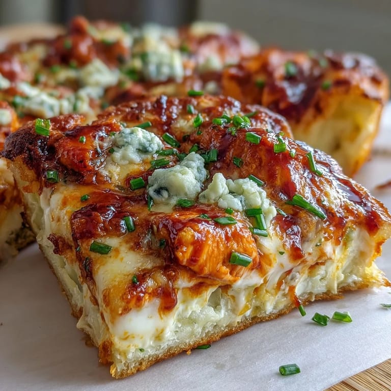 Sliced Buffalo Chicken Pizza on a baking sheet with gooey cheese, buffalo sauce drizzle, and celery sticks on the side.