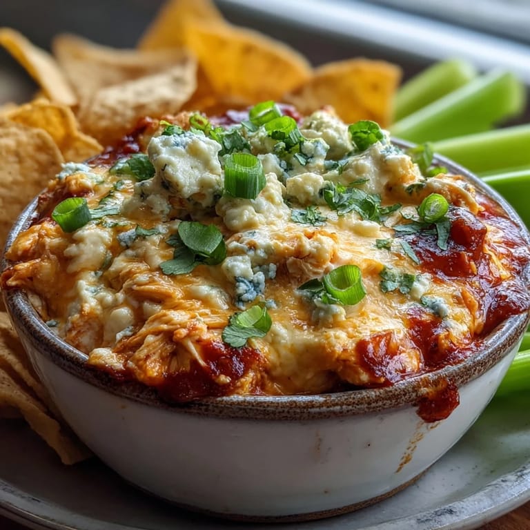 Crock Pot Buffalo Chicken Dip garnished with scallions, served with carrot sticks and crispy crackers for a gluten-free party snack.