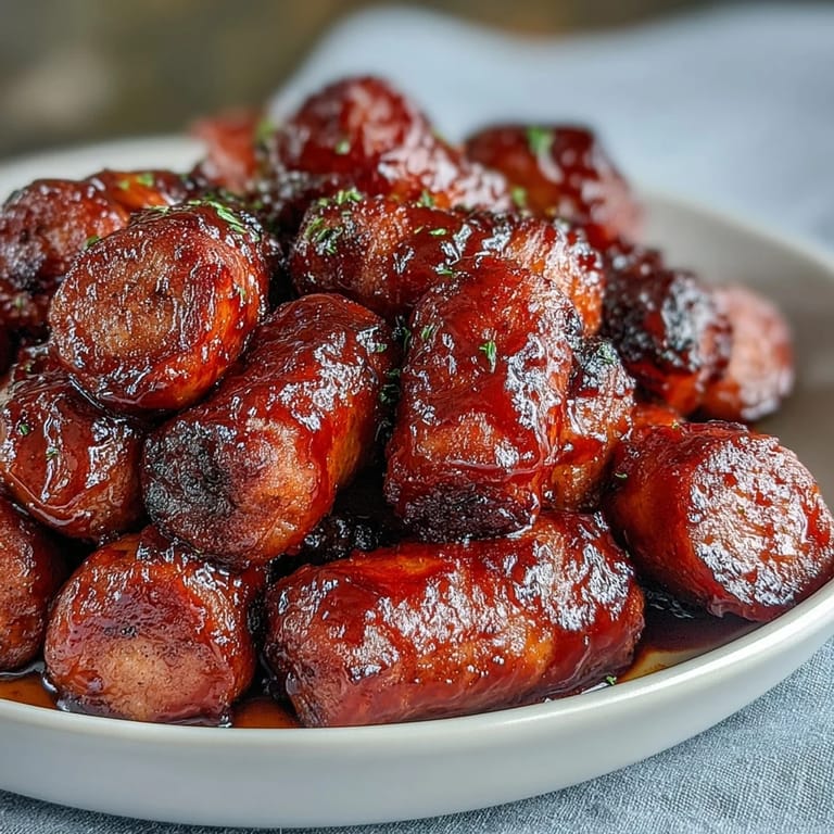 Golden smoked sausages swim in tangy barbecue sauce, paired with crisp potato chips and pickles for an irresistible bite.