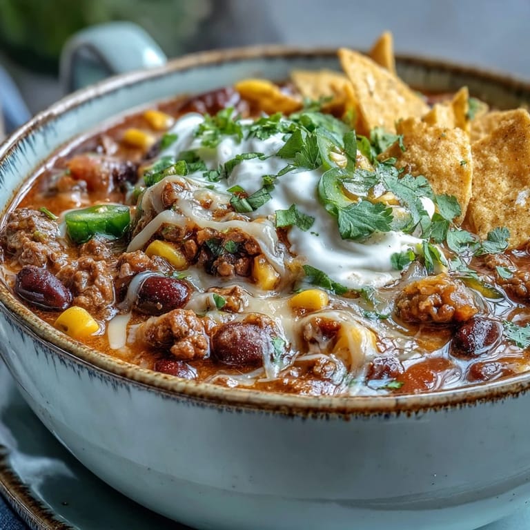 Close-up of Taco Soup in a rustic bowl with jalapeños and green onions on a cozy table