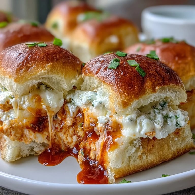Freshly baked Pizza Dip Sliders arranged on a white platter, showcasing gooey mozzarella and cheddar cheese melting over savory shredded chicken.