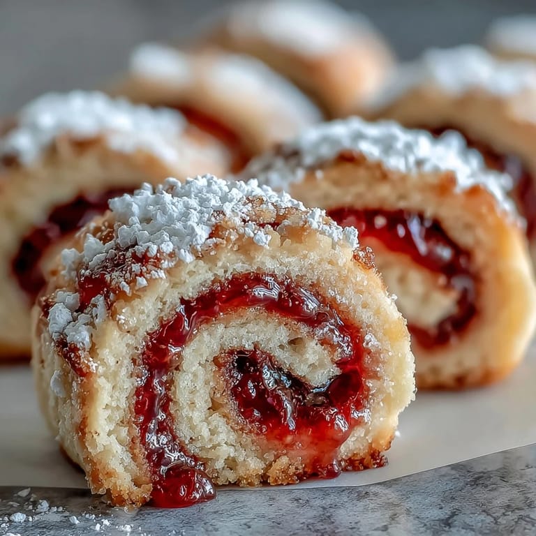 Close-up of Raspberry Swirl Shortbread Cookies reveals soft centers and golden edges, served alongside a steaming cup of tea.