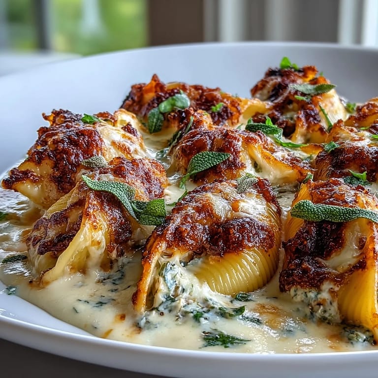 Rustic autumn dinner plate featuring Pumpkin & Gouda Stuffed Shells paired with a crisp green salad and crusty bread.