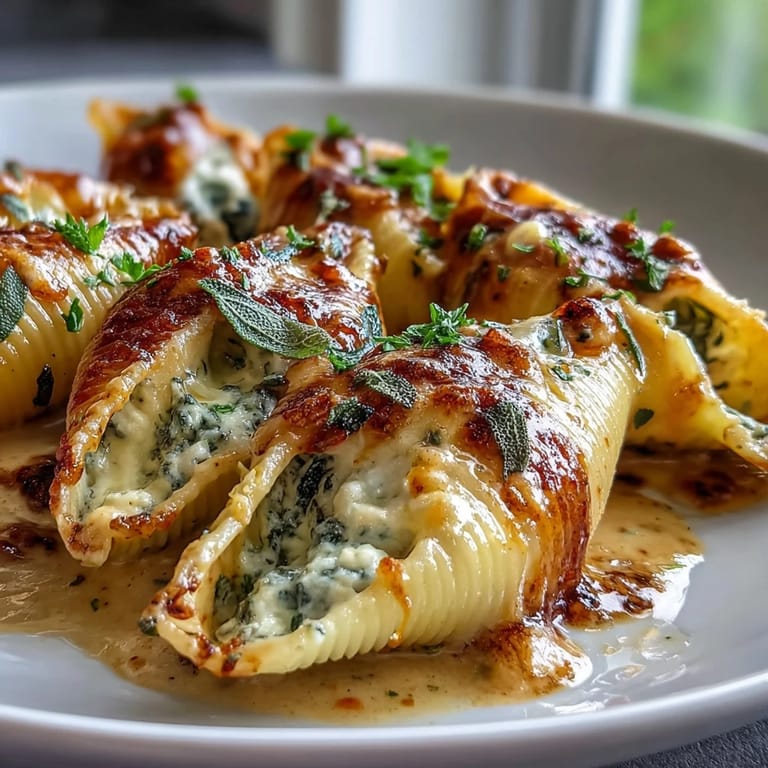 Close-up cross-section of jumbo pasta shells revealing rich pumpkin and smoked Gouda filling beneath velvety Alfredo sauce.