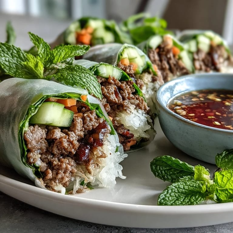 Vibrant Thai Basil Beef Rolls with aromatic herbs and a side of tangy chili sauce, perfect for a light lunch.