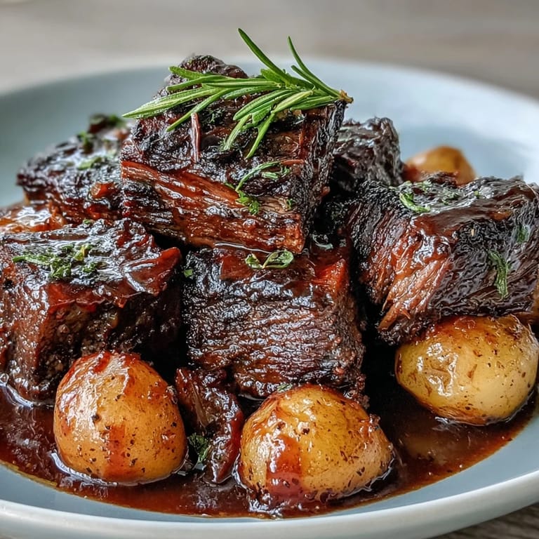 Golden seared beef pot roast nestled among celery, carrots, and potatoes in a Dutch oven.
