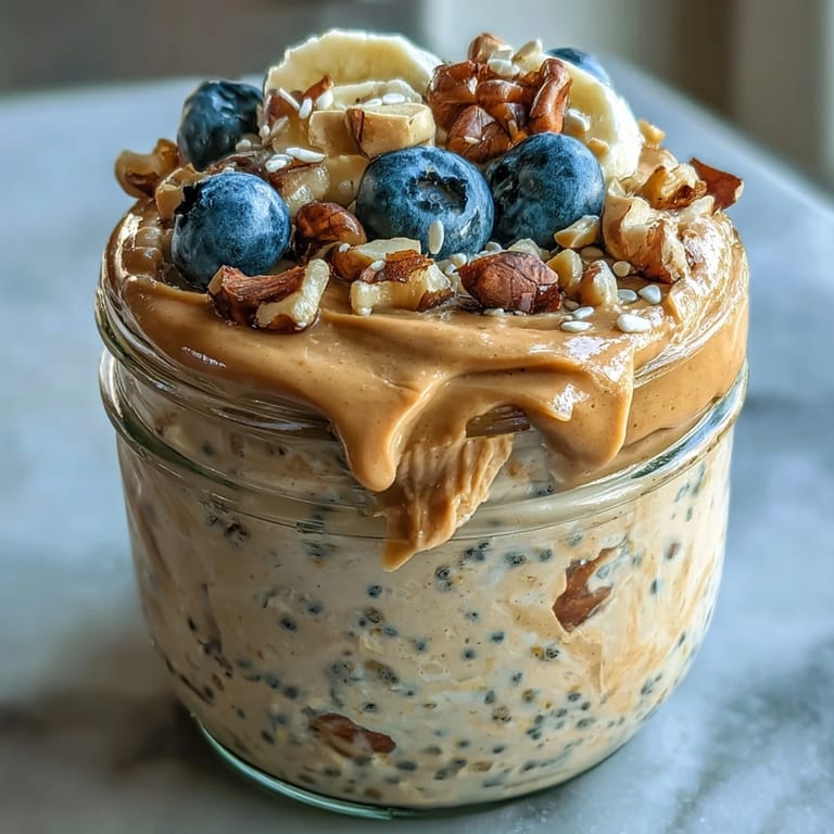 Golden High-Protein Peanut Butter Overnight Oats garnished with crushed peanuts and a honey drizzle.