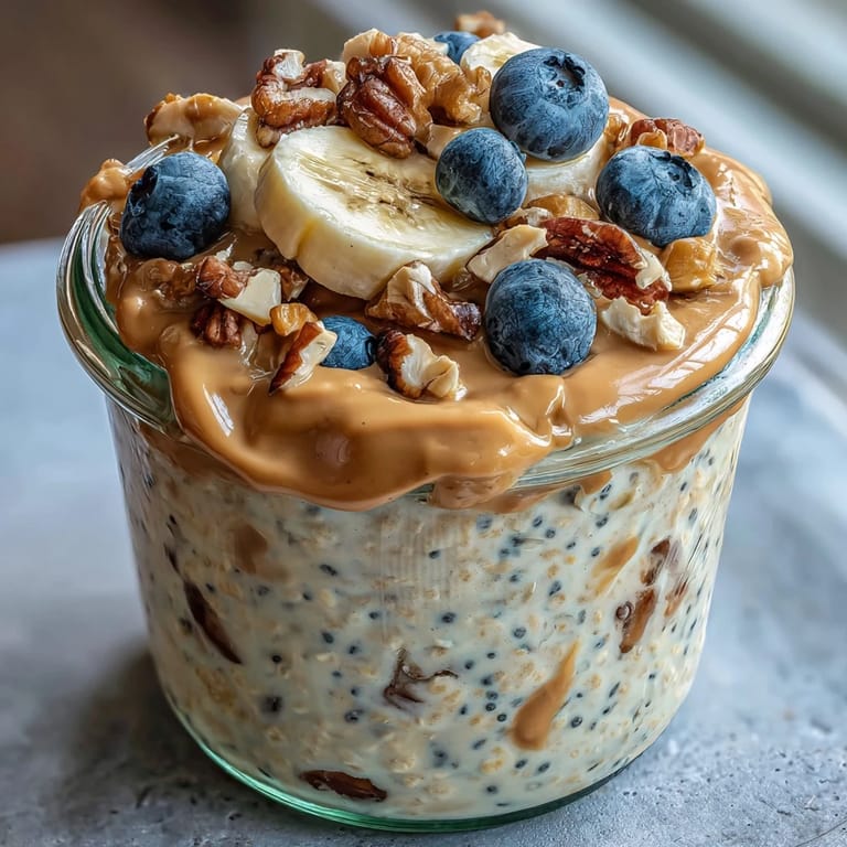 A spoon scoops into layered High-Protein Peanut Butter Overnight Oats with banana slices. 