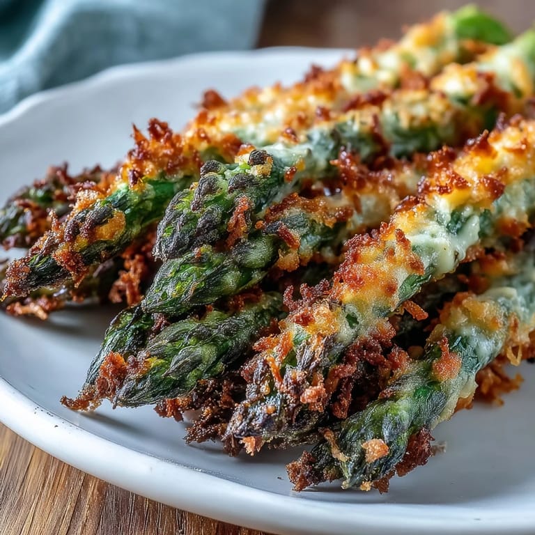 Freshly baked Crispy Asparagus Asiago Spears with a golden, cheesy crust and tender green tips, ready to serve hot.