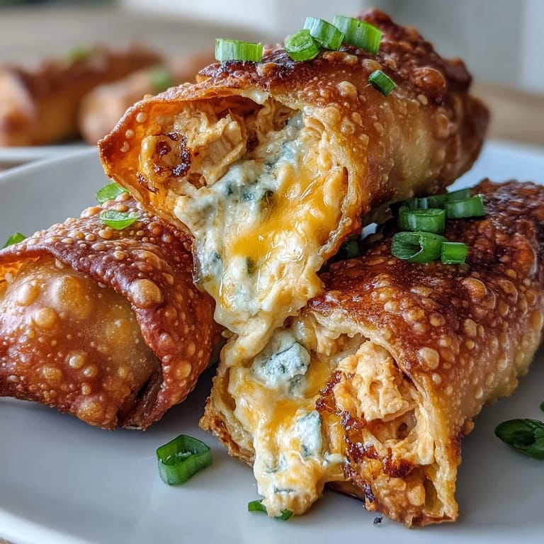 Freshly fried Buffalo Chicken Dip Egg Rolls show a golden crunch with a side of blue cheese dip.