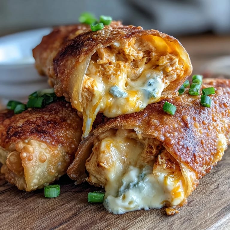 Steam rises from cut Buffalo Chicken Dip Egg Rolls revealing the creamy spicy chicken and melted cheddar filling.