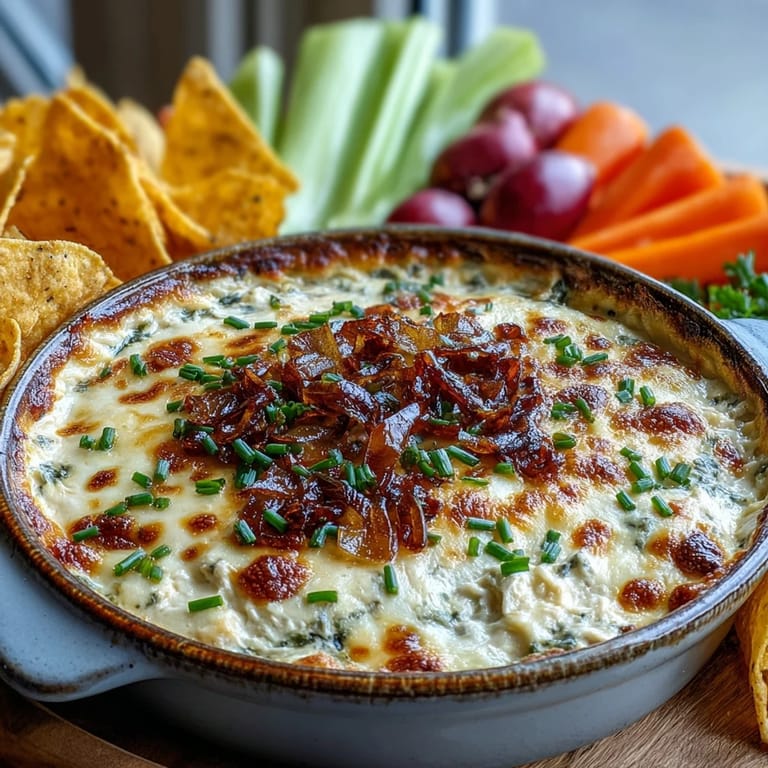 Hot from the oven, this Smoked Gouda & Onion Dip features a golden top, ready for dipping with crisp veggies.