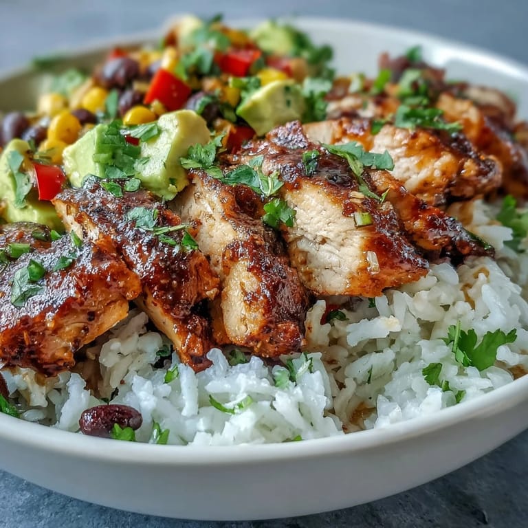 A steaming Cajun Chicken Bowl features sliced avocado and fresh cilantro, served with lime wedges for a bright finish.