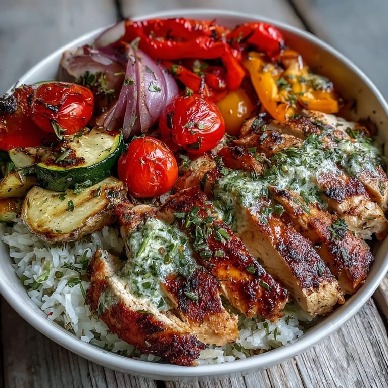 A vibrant bowl of Lemon Herb Roasted Chicken with glazed vegetables and a drizzle of zesty lemon dressing.