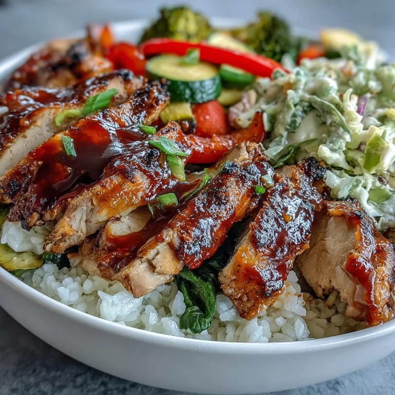 Colorful BBQ Chicken Bowl with juicy chicken, fluffy rice, crisp coleslaw, and vibrant roasted vegetables, ready to serve on a sunny table.