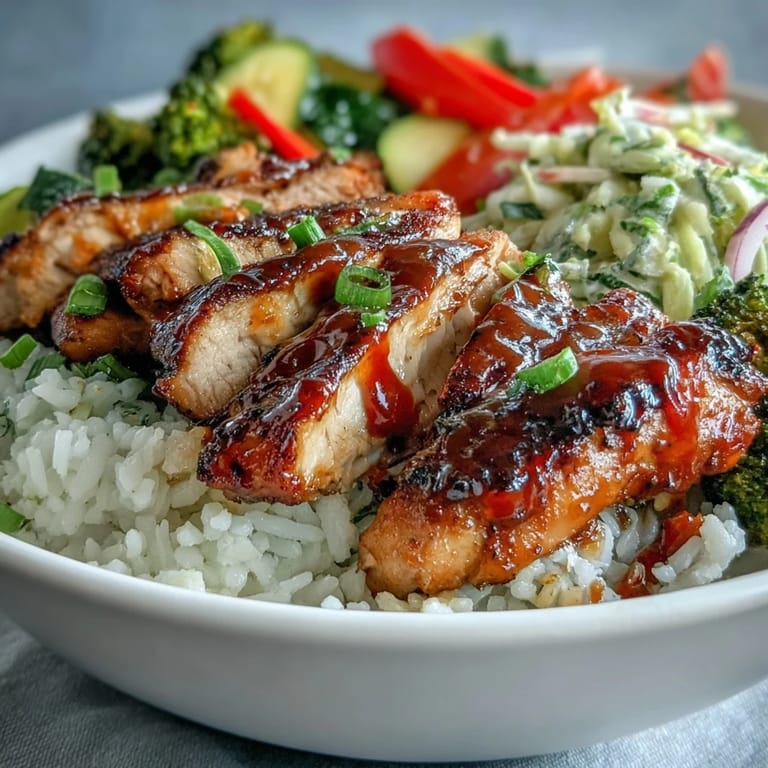 Sliced BBQ Chicken Bowl topped with crisp, creamy coleslaw and tender roasted zucchini, broccoli, and red onion makes a hearty weeknight dinner.