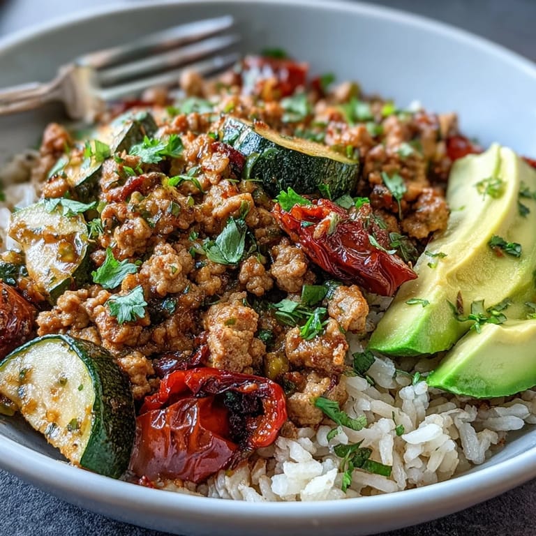 A close-up of the finished Ground Turkey Bowl, showcasing seasoned ground turkey, roasted broccoli, and fluffy brown rice, garnished with avocado and lime.