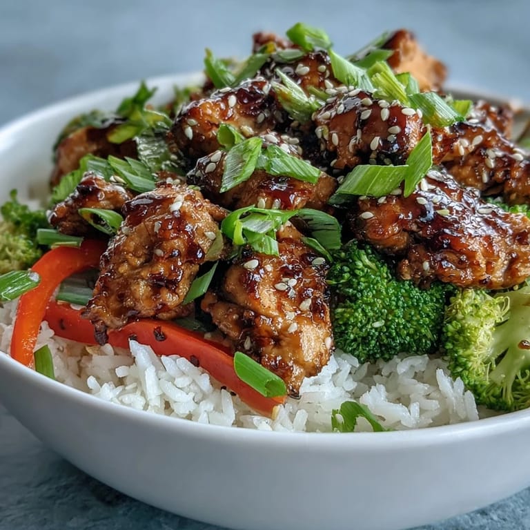 A wholesome Chicken and Rice Bowl garnished with green onions and sesame seeds, a quick dinner idea.