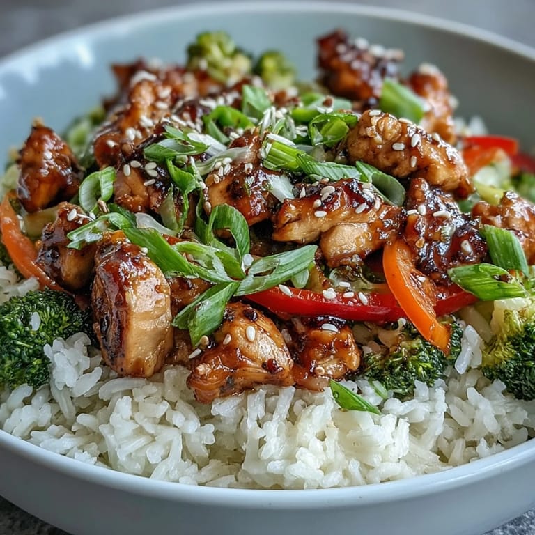 Steaming Chicken and Rice Bowl with colorful veggies and herbs, perfect for a healthy weeknight meal.