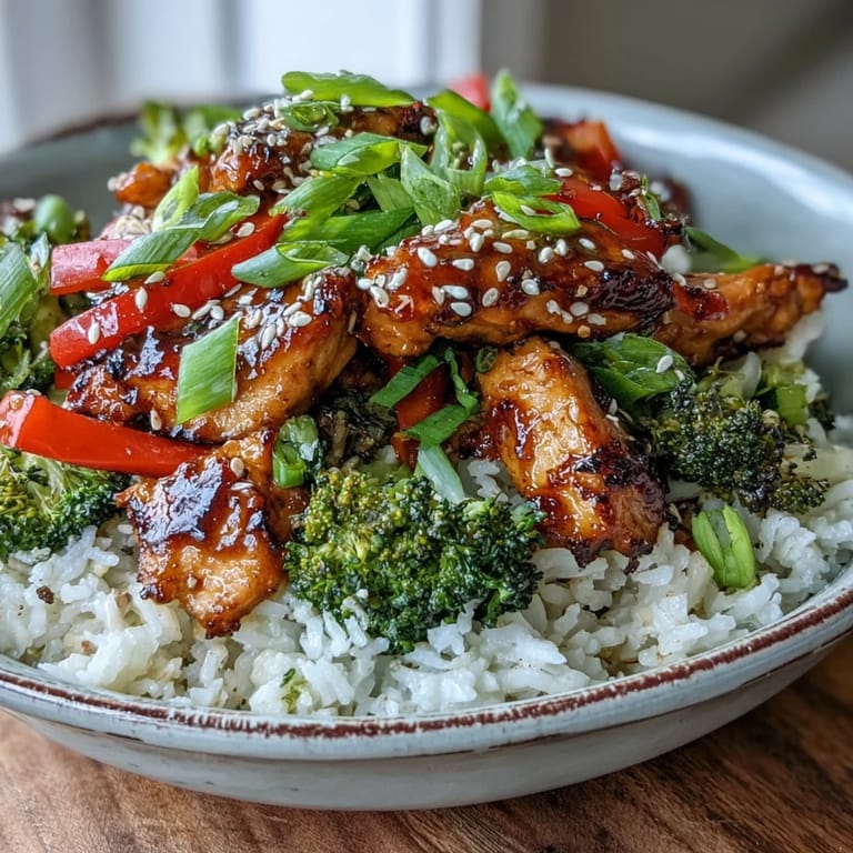 Steaming Honey Garlic Chicken Bowl with bite-sized chicken pieces coated in thick sauce, served over white rice with crunchy broccoli florets and carrot slices.