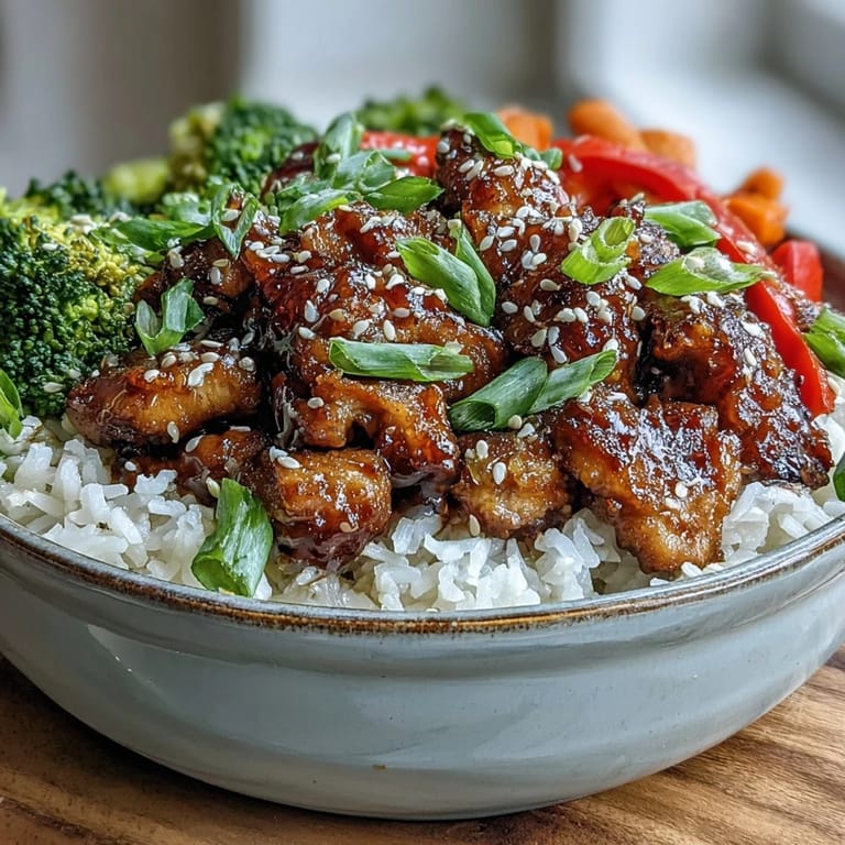 Glossy Honey Garlic Chicken Bowl featuring tender glazed chicken thighs, fluffy jasmine rice, and colorful stir-fried vegetables, garnished with fresh green onions and sesame seeds.