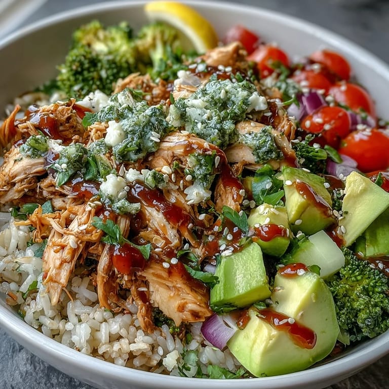 Customizable rotisserie chicken bowl featuring shredded chicken, avocado, broccoli, and your choice of sauce for a nutritious meal.