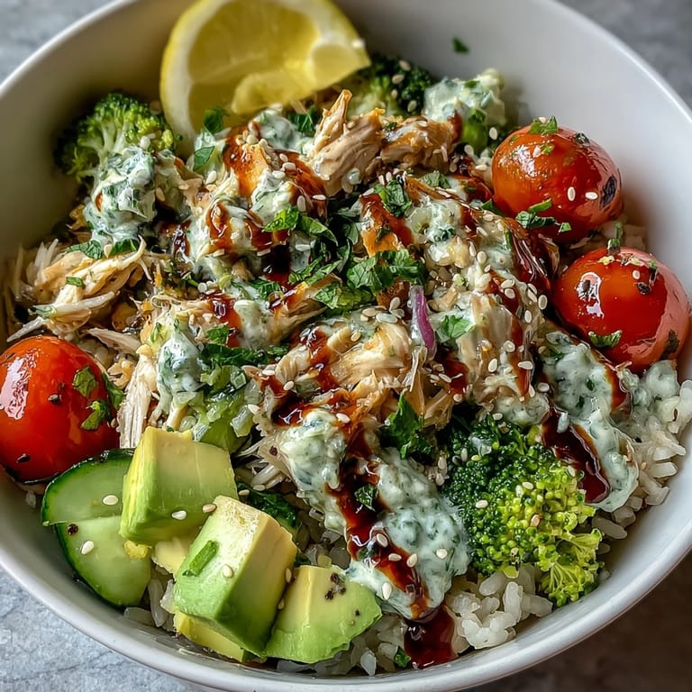 Vibrant rotisserie chicken bowl with colorful veggies, grains, and zesty dressing, perfect for a quick high-protein lunch.