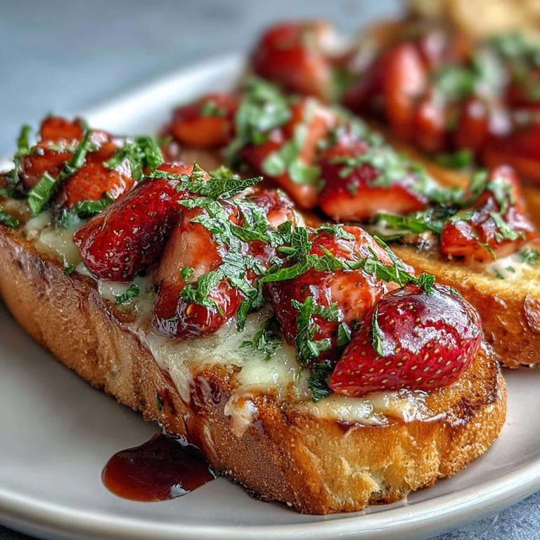 Golden baguette slices topped with juicy strawberries, fresh mint, and a tangy balsamic drizzle, perfect for easy entertaining or a light snack.