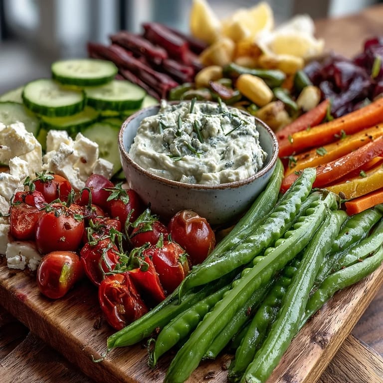 Vibrant spring food board featuring crisp vegetables and smooth herb dip, perfect for entertaining.