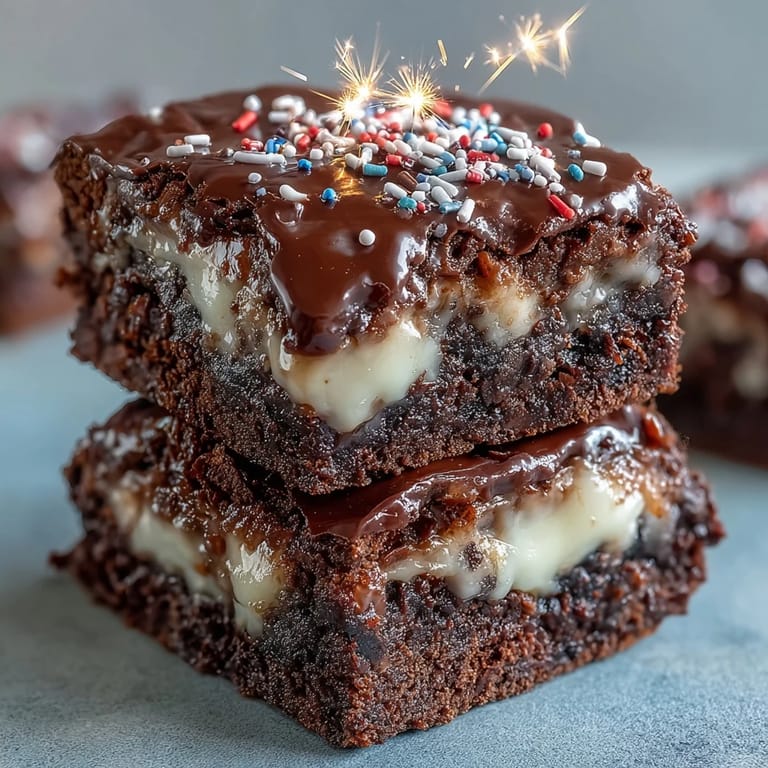 Rich chocolate brownie bites topped with smooth cream cheese frosting and patriotic sprinkles, perfect for Independence Day parties.