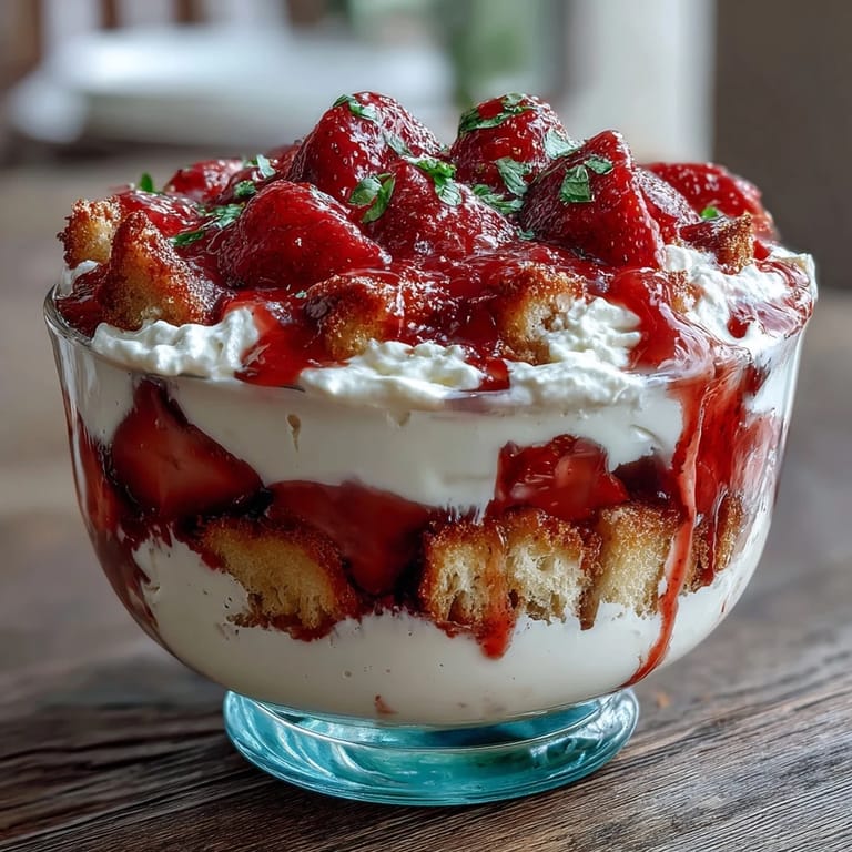 Festive Mothers Day strawberry shortcake trifle with vibrant red strawberries nestled between fluffy shortcake and sweet vanilla cream.