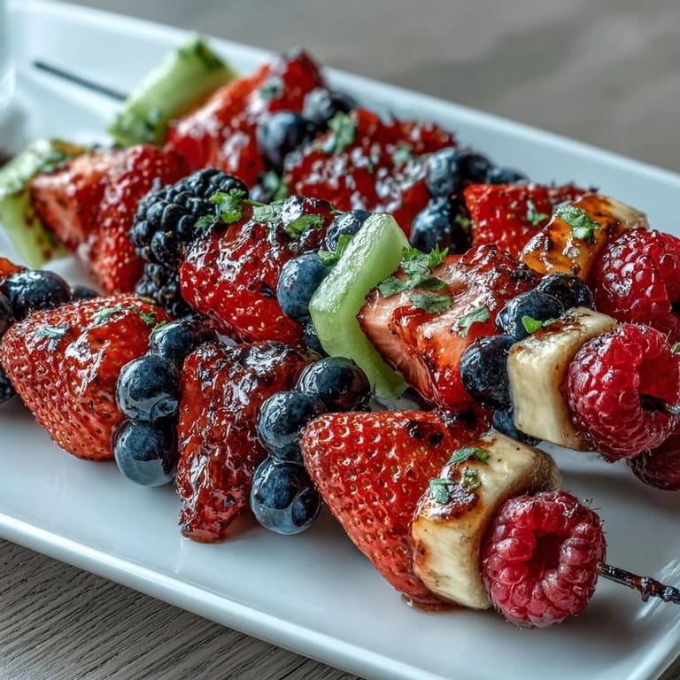Colorful red, white, and blue fruit skewers featuring strawberries, banana slices, and blueberries for a healthy patriotic treat.
