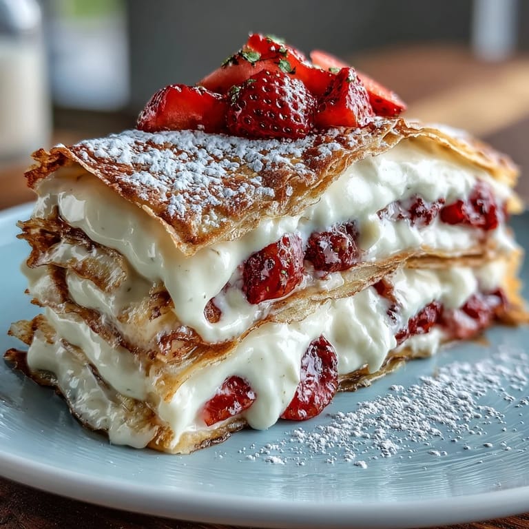 Delicate crepes stacked with silky vanilla cream and juicy strawberries, dusted with powdered sugar for a beautiful finish.