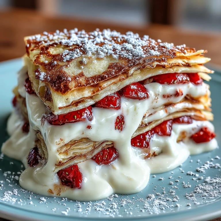 Elegant strawberry crepe cake featuring tender crepes, rich mascarpone filling, and vibrant fresh strawberries, ideal for Mother's Day.