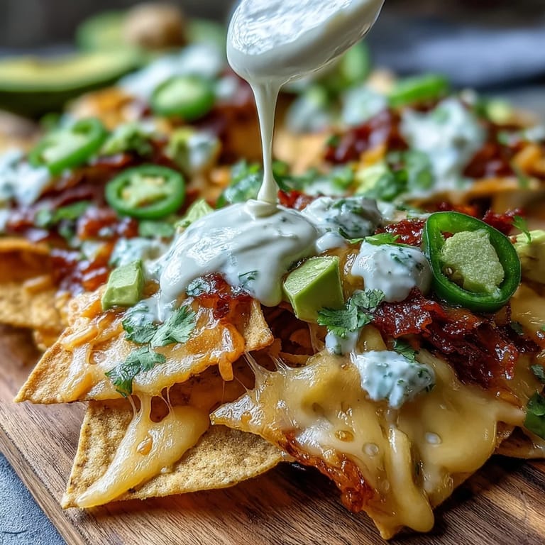 Gooey cheese sauce drizzled over crunchy tortilla chips, loaded with avocado, sour cream, and zesty lime wedges for a perfect game-day snack.  