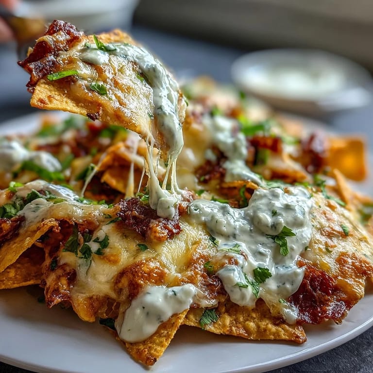 Hot and melty cheese sauce smothering a mountain of tortilla chips, finished with spicy jalapeños, diced onions, and cool avocado slices.