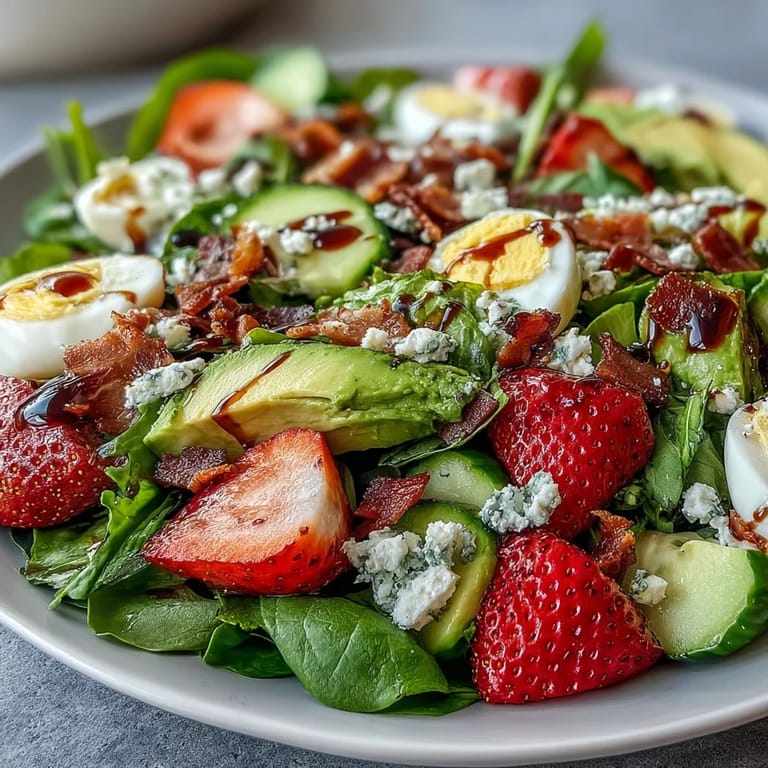 Colorful Spring Cobb Salad with Strawberries and Avocado, showcasing crisp veggies, hard-boiled eggs, and a drizzle of balsamic vinaigrette.