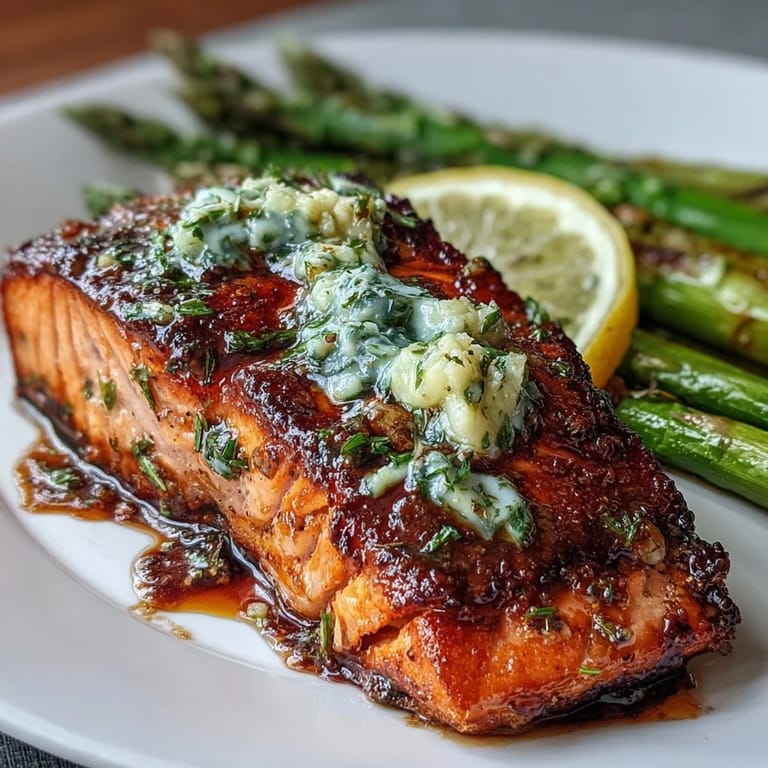 Golden pan-seared salmon served over crisp asparagus, drizzled with rich garlic butter for a flavorful spring dinner.
